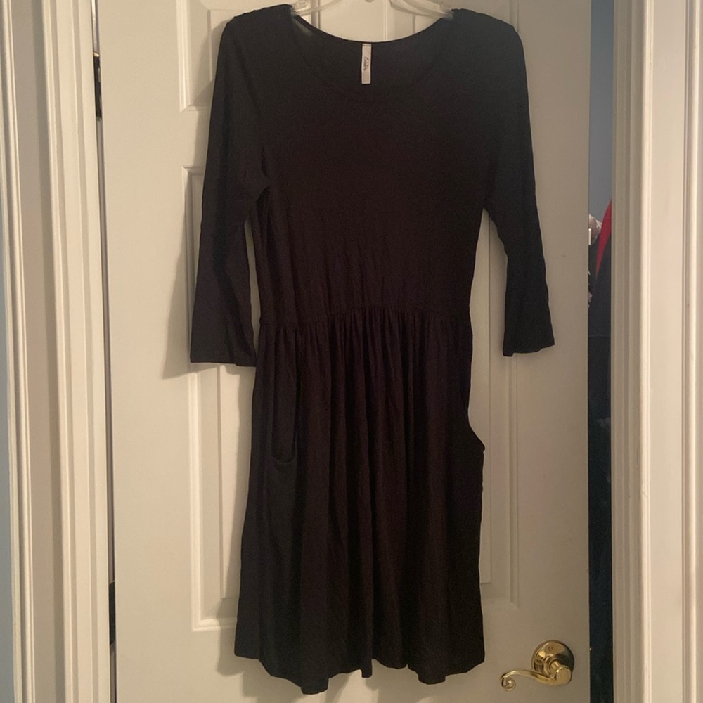 Celeste Long Sleeve Black Dress with Pockets and Elastic Stretchy Waist